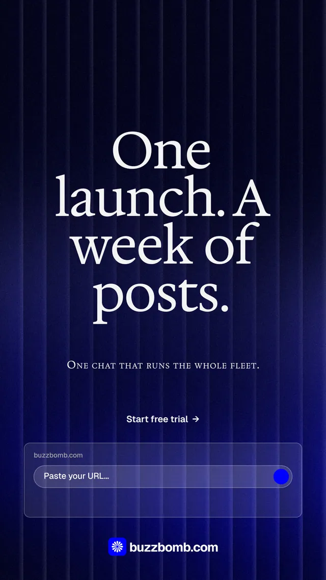Instagram story for BuzzBomb: "One launch. A week of posts." Agentic glass style, smallcaps layout, dark palette in black, blue.