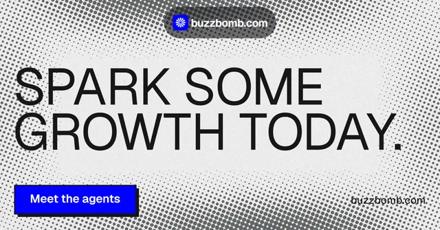 Social ad for BuzzBomb: "Spark some growth today." Brutalist style, poster layout, light palette in white, grey.