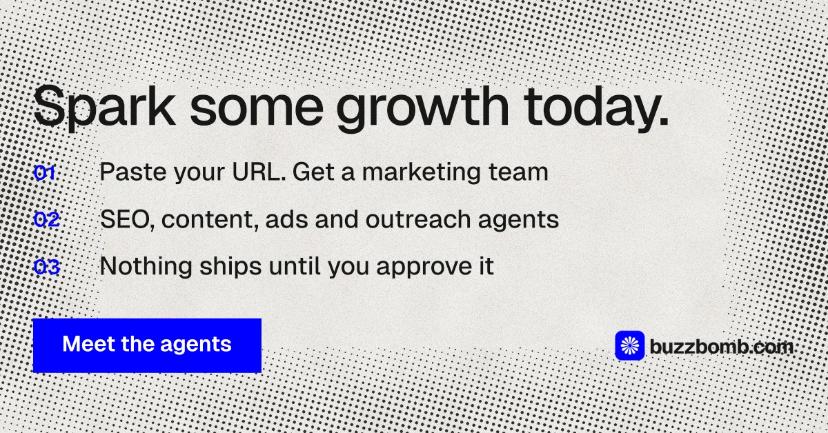 Social ad for BuzzBomb: "Spark some growth today." Swiss style, numbered layout, light palette in grey, white.