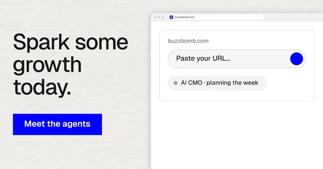 Social ad for BuzzBomb: "Spark some growth today." Swiss style, browser layout, light palette in white, blue.