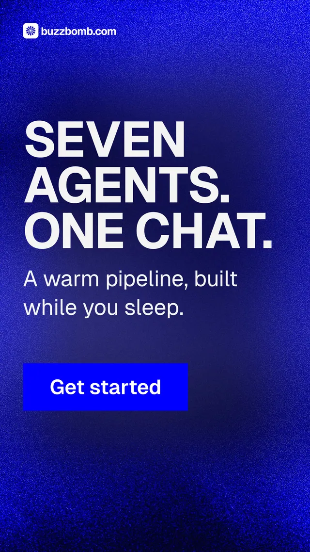 Instagram story for BuzzBomb: "Seven agents. One chat." Swiss style, skeleton layout, dark palette in blue.