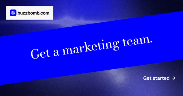 Social ad for BuzzBomb: "Get a marketing team." Minimal luxury style, diagonal layout, dark palette in blue.