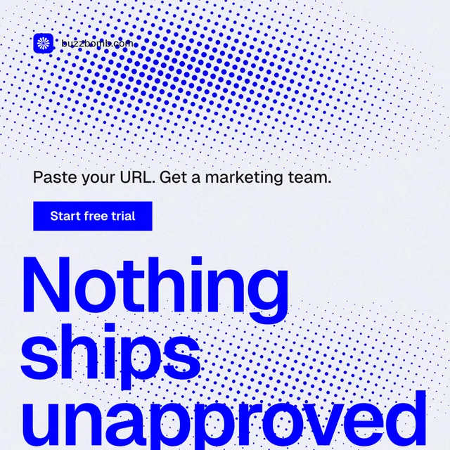 Instagram post for BuzzBomb: "Seven agents. One chat." Swiss style, oversized layout, light palette in blue, white.