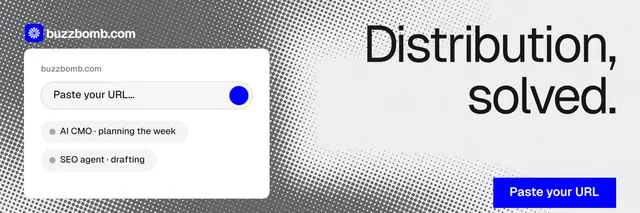 X header for BuzzBomb: "Distribution, solved." Swiss style, right layout, light palette in white, grey.