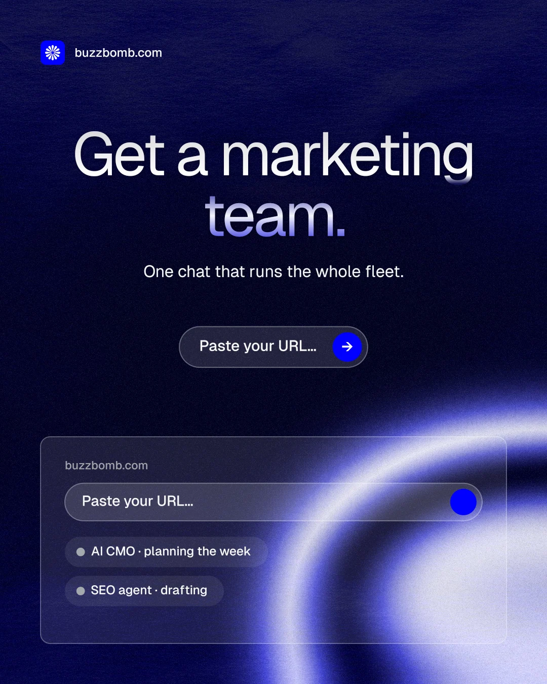 Instagram portrait post for BuzzBomb: "Get a marketing team." Agentic glass style, centred layout, dark palette in black, blue.