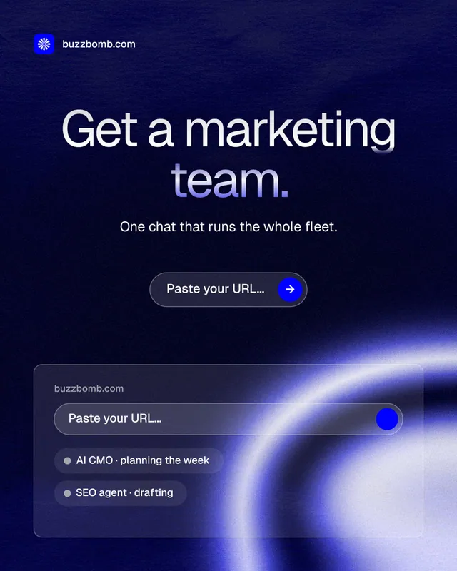 Instagram portrait post for BuzzBomb: "Get a marketing team." Agentic glass style, centred layout, dark palette in black, blue.