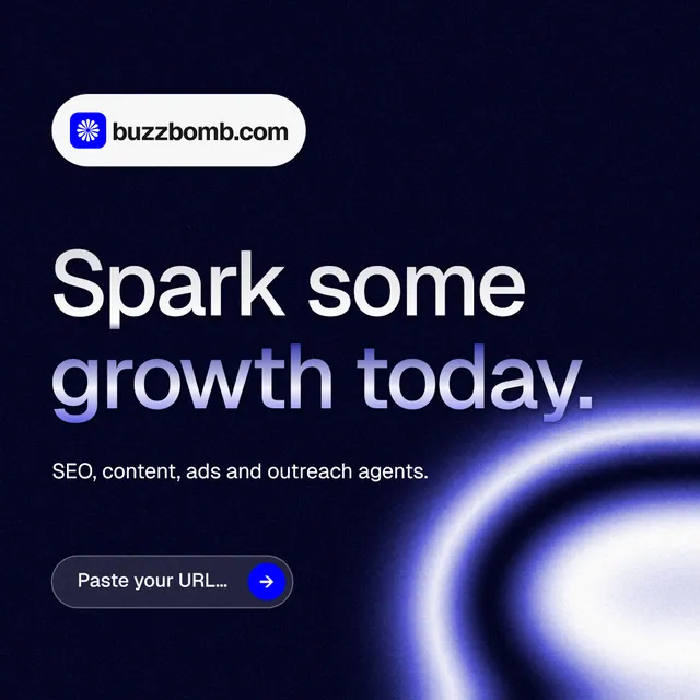 Instagram post for BuzzBomb: "Spark some growth today." Agentic glass style, announce layout, dark palette in black, blue.