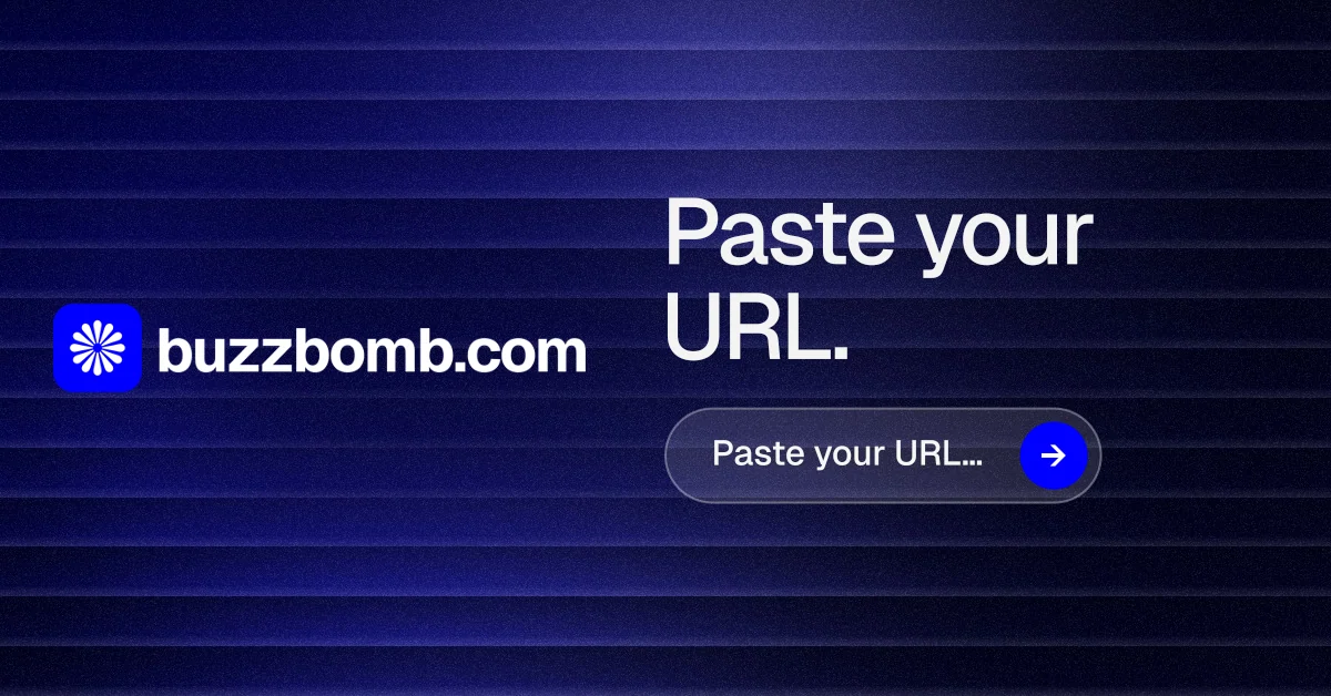 Social ad for BuzzBomb: "Paste your URL." Agentic glass style, logo hero layout, dark palette in black, blue.