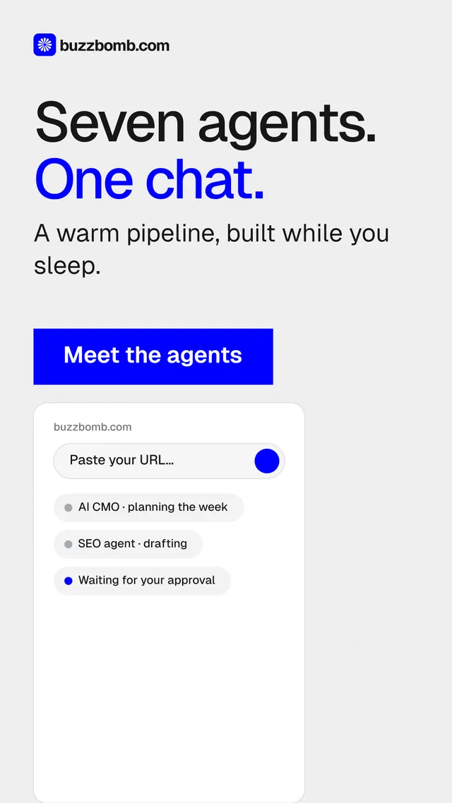Instagram story for BuzzBomb: "Seven agents. One chat." Swiss style, skeleton layout, light palette in white, blue.
