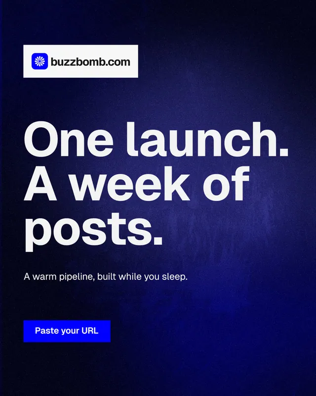 Instagram portrait post for BuzzBomb: "One launch. A week of posts." Swiss style, announce layout, dark palette in black, blue, grey.