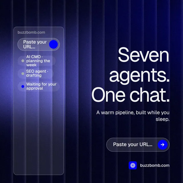 Instagram post for BuzzBomb: "Seven agents. One chat." Agentic glass style, right layout, dark palette in blue, black.