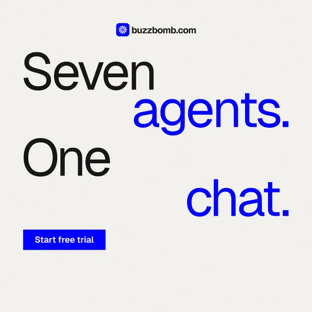 Instagram post for BuzzBomb: "Seven agents. One chat." Swiss style, stacked layout, light palette in white, blue.