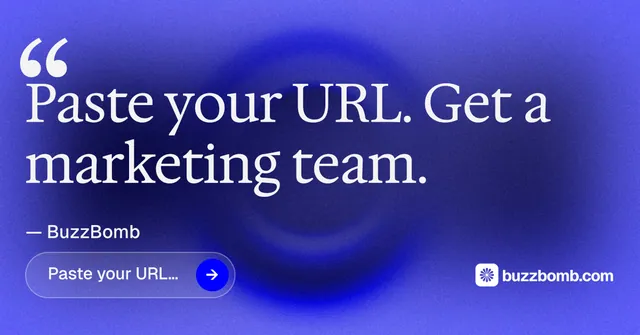 Social ad for BuzzBomb: "Paste your URL." Agentic glass style, quote layout, dark palette in blue.