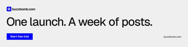 LinkedIn banner for BuzzBomb: "One launch. A week of posts." Swiss style, poster layout, light palette in white, grey.