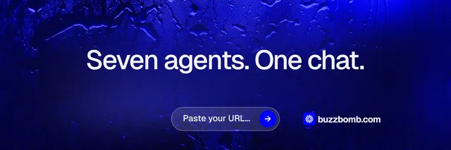 X header for BuzzBomb: "Seven agents. One chat." Agentic glass style, centred layout, dark palette in blue.