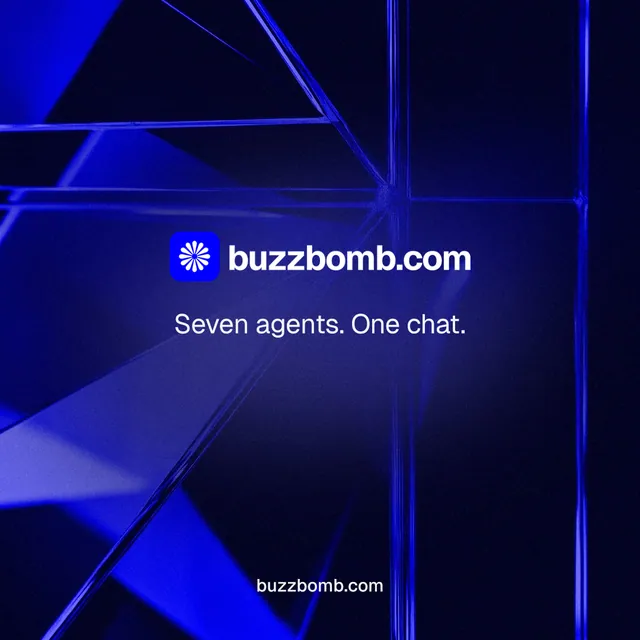 Instagram post for BuzzBomb: "Seven agents. One chat." Agentic glass style, end card layout, dark palette in black, blue.