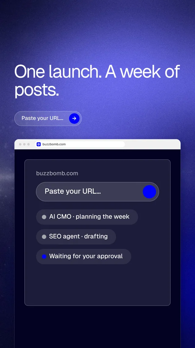 Instagram story for BuzzBomb: "One launch. A week of posts." Agentic glass style, browser layout, dark palette in blue, black.