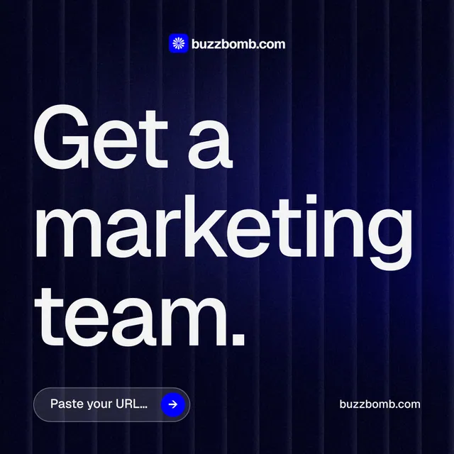 Instagram post for BuzzBomb: "Get a marketing team." Agentic glass style, poster layout, dark palette in black, blue, grey.