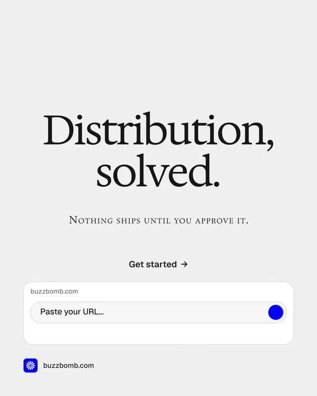 Instagram portrait post for BuzzBomb: "Distribution, solved." Swiss style, smallcaps layout, light palette in white.