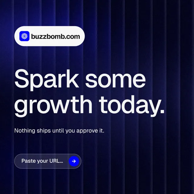 Instagram post for BuzzBomb: "Spark some growth today." Agentic glass style, announce layout, dark palette in black, blue, grey.