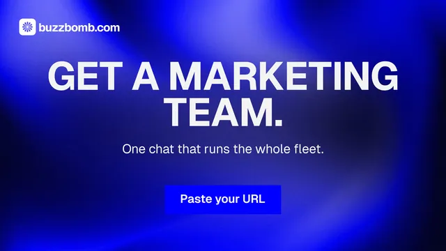 Landscape graphic for BuzzBomb: "Get a marketing team." Swiss style, centred layout, dark palette in blue.
