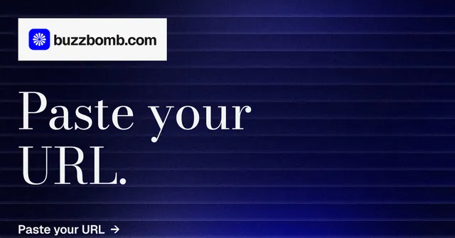 Social ad for BuzzBomb: "Paste your URL." Minimal luxury style, announce layout, dark palette in blue, black, grey.