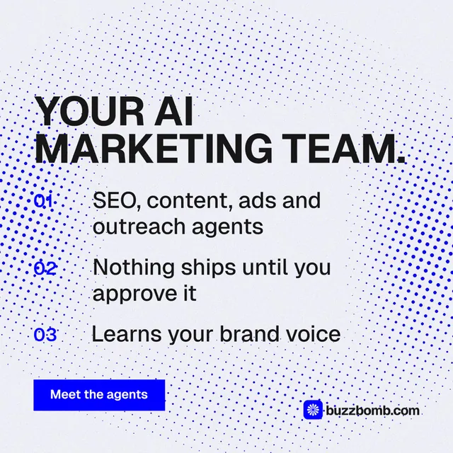 Instagram post for BuzzBomb: "Your AI marketing team." Split block style, numbered layout, light palette in blue, white.