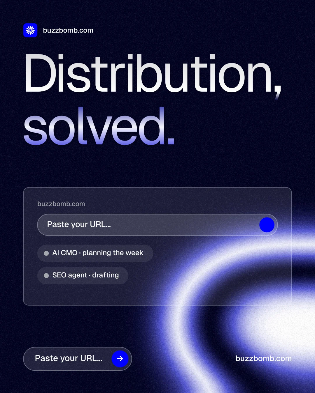 Instagram portrait post for BuzzBomb: "Distribution, solved." Agentic glass style, poster layout, dark palette in black, blue.