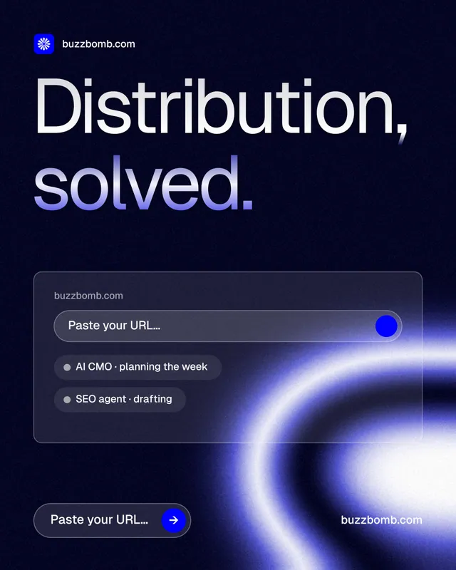 Instagram portrait post for BuzzBomb: "Distribution, solved." Agentic glass style, poster layout, dark palette in black, blue.