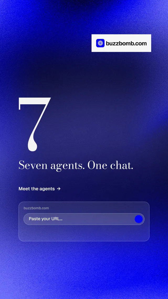 Instagram story for BuzzBomb: "Distribution, solved." Minimal luxury style, stat layout, dark palette in blue.