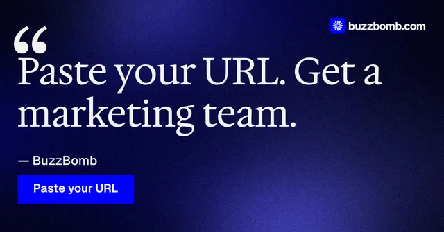 Social ad for BuzzBomb: "Your AI marketing team." Swiss style, quote layout, dark palette in black, blue, grey.