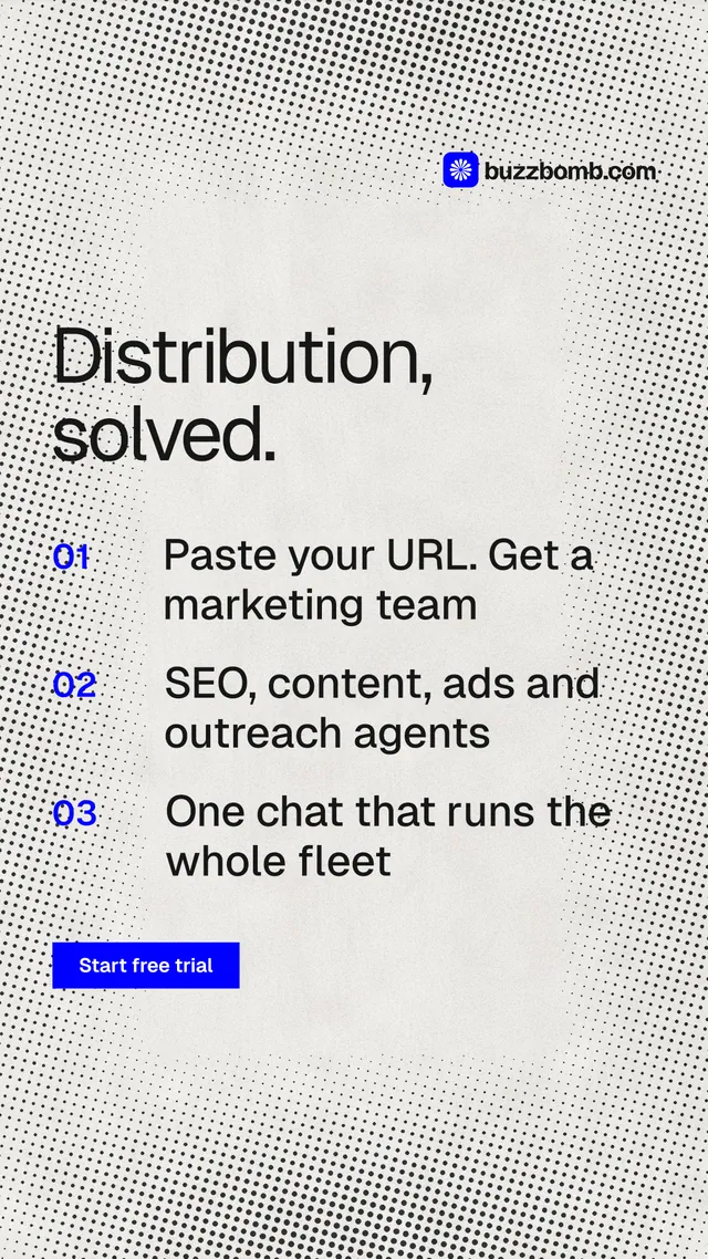 Instagram story for BuzzBomb: "Distribution, solved." Swiss style, numbered layout, light palette in white, grey.
