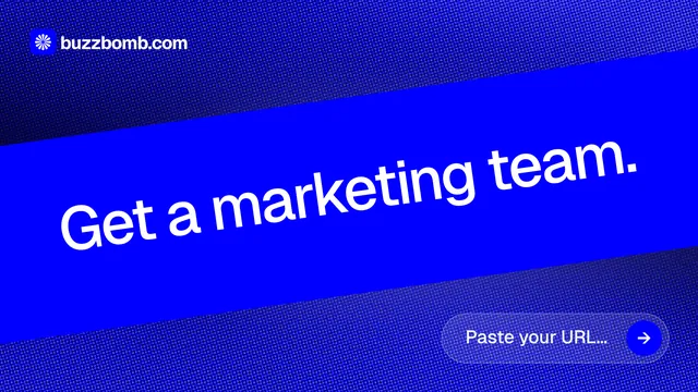 Landscape graphic for BuzzBomb: "Get a marketing team." Agentic glass style, diagonal layout, dark palette in blue.