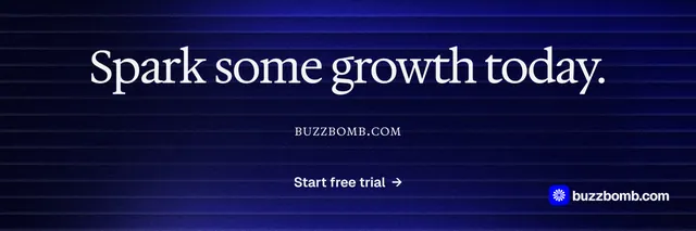 X header for BuzzBomb: "Spark some growth today." Agentic glass style, smallcaps layout, dark palette in black, blue.