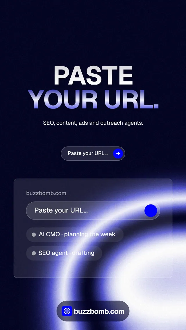 Instagram story for BuzzBomb: "Paste your URL." Agentic glass style, centred layout, dark palette in black, blue.