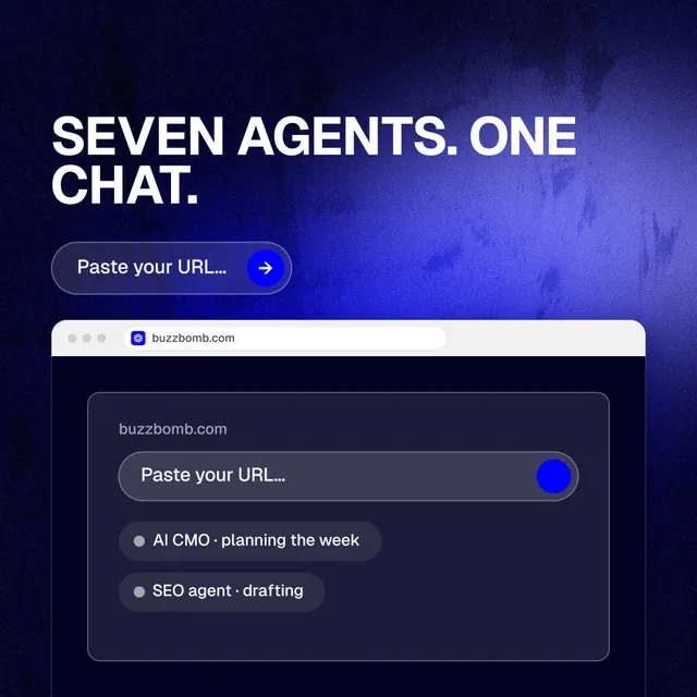 Instagram post for BuzzBomb: "Seven agents. One chat." Agentic glass style, browser layout, dark palette in black, blue.