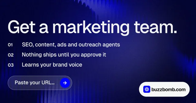 Social ad for BuzzBomb: "Get a marketing team." Agentic glass style, numbered layout, dark palette in black, blue, grey.