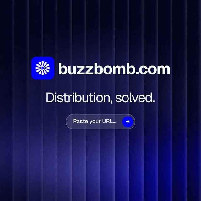 Instagram post for BuzzBomb: "Distribution, solved." Agentic glass style, logo hero layout, dark palette in black, blue.