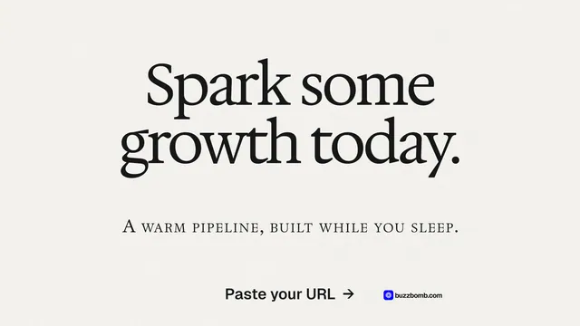 Landscape graphic for BuzzBomb: "Spark some growth today." Swiss style, smallcaps layout, light palette in white, grey.