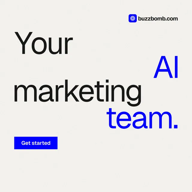 Instagram post for BuzzBomb: "Your AI marketing team." Swiss style, stacked layout, light palette in white, blue.