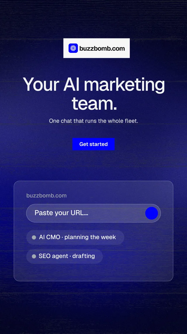 Instagram story for BuzzBomb: "Your AI marketing team." Swiss style, centred layout, dark palette in black, blue.