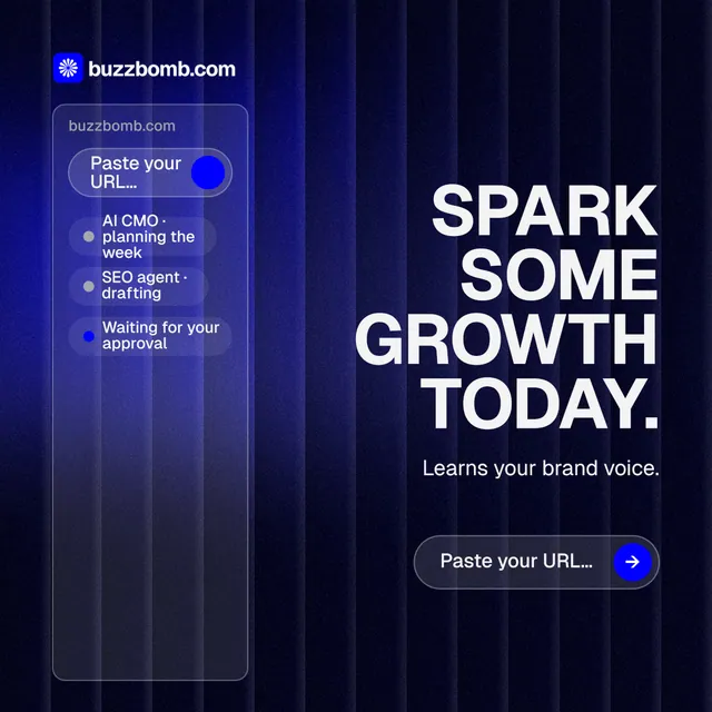 Instagram post for BuzzBomb: "Spark some growth today." Agentic glass style, right layout, dark palette in black, blue, grey.