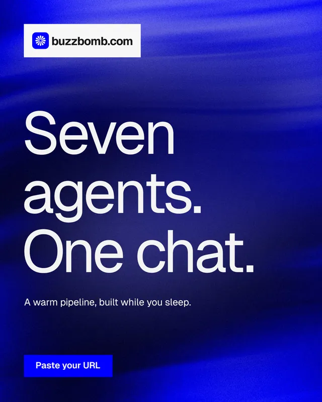 Instagram portrait post for BuzzBomb: "Seven agents. One chat." Swiss style, announce layout, dark palette in blue.