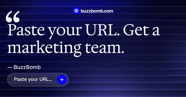 Social ad for BuzzBomb: "Distribution, solved." Agentic glass style, quote layout, dark palette in black, blue, grey.