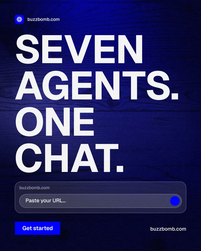 Instagram portrait post for BuzzBomb: "Seven agents. One chat." Swiss style, poster layout, dark palette in black, blue, white.