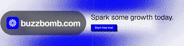 LinkedIn banner for BuzzBomb: "Spark some growth today." Brutalist style, logo hero layout, light palette in blue, white.