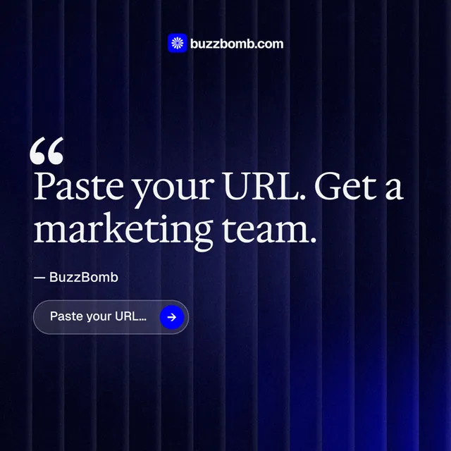 Instagram post for BuzzBomb: "One launch. A week of posts." Agentic glass style, quote layout, dark palette in black, blue, grey.