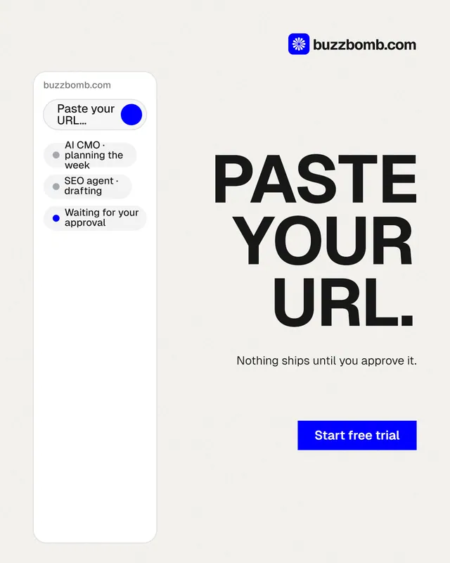 Instagram portrait post for BuzzBomb: "Paste your URL." Swiss style, right layout, light palette in white, grey.