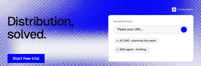 X header for BuzzBomb: "Distribution, solved." Swiss style, bottom layout, light palette in blue, white.