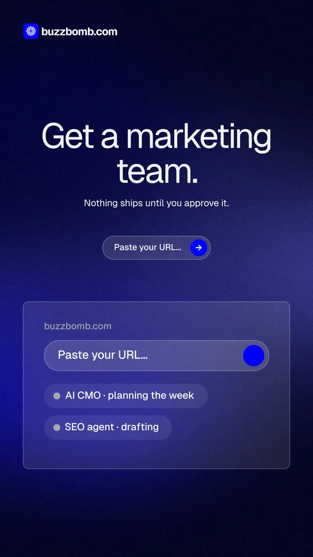 Instagram story for BuzzBomb: "Get a marketing team." Agentic glass style, centred layout, dark palette in black, blue.